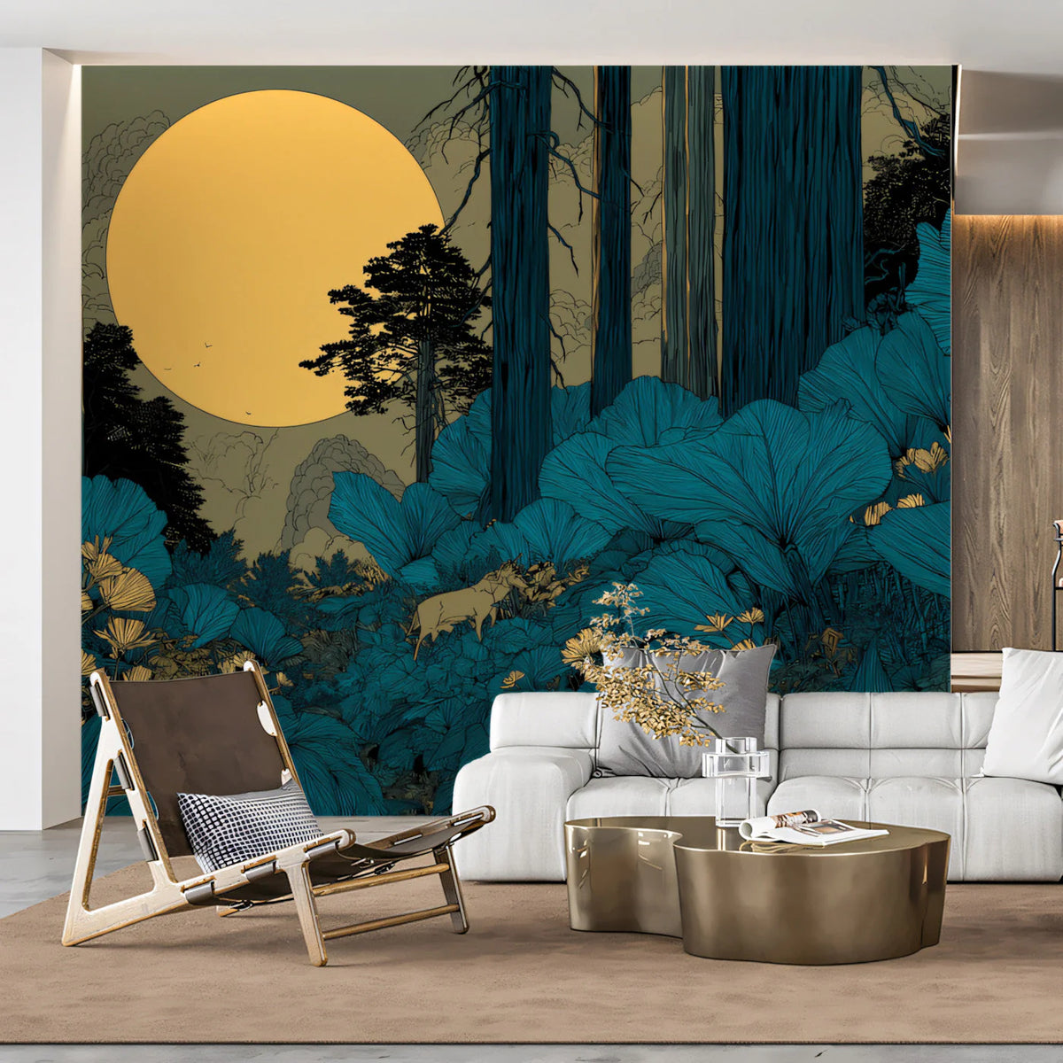 Midnight Forest Mural Wallpaper with Golden Moon Motif Mural Wallpaper - room preview 03