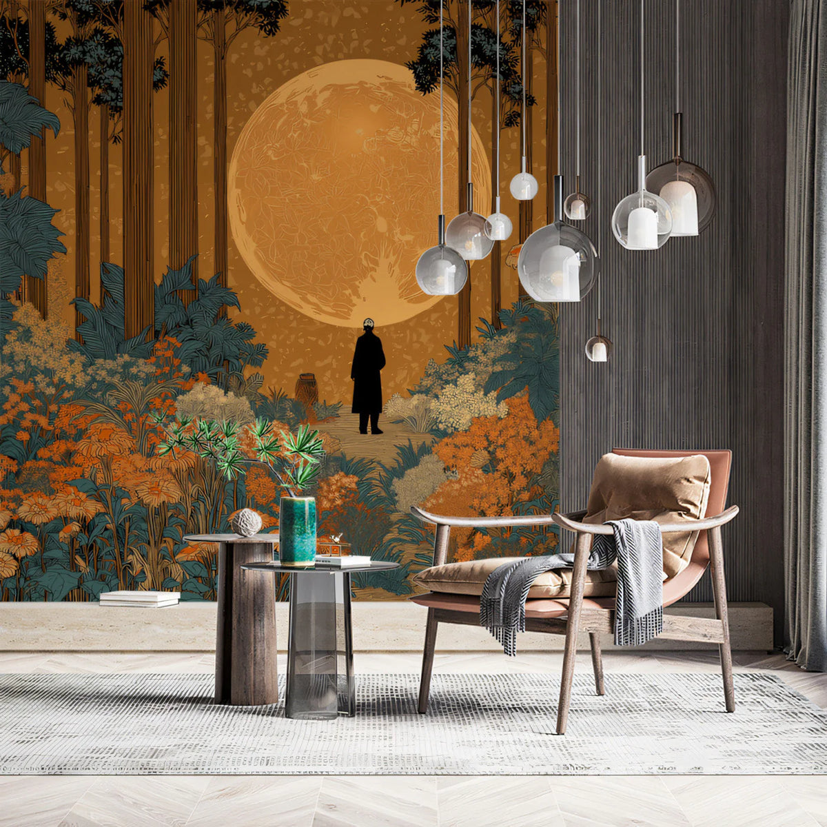 Midnight Moonlit Forest Mural Wallpaper with Botanical Detail Mural Wallpaper - room preview 03