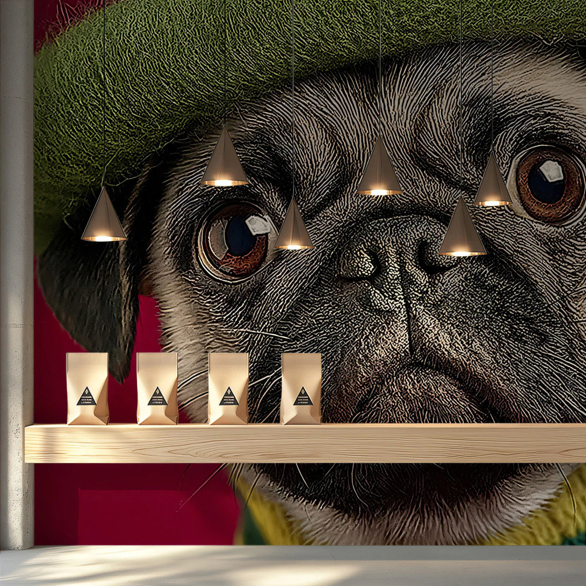 Charming Pug in Beret Mural Wallpaper — Whimsical Pet Portrait Mural Wallpaper - room preview 03