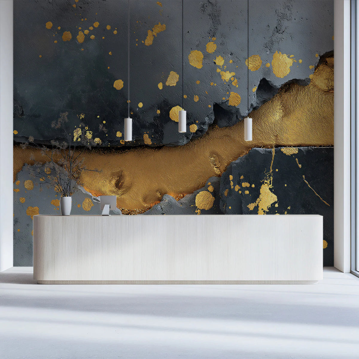 Kintsugi Concrete Mural Wallpaper — Artistic Gold and Charcoal Mural Wallpaper - room preview 03
