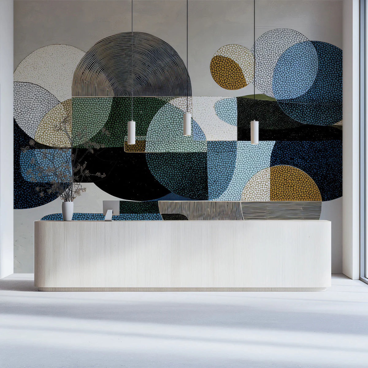 Abstract Geometric Circles Mural Wallpaper in Deep Blues and Ochre Mural Wallpaper - room preview 03