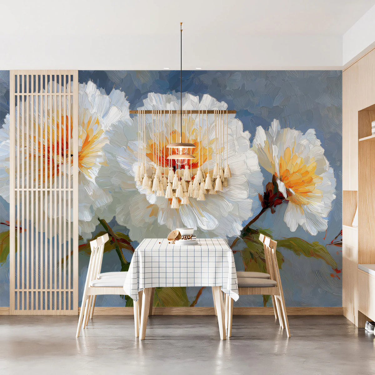 Impressionist White Peony Mural Wallpaper with Golden Centers Mural Wallpaper - room preview 03