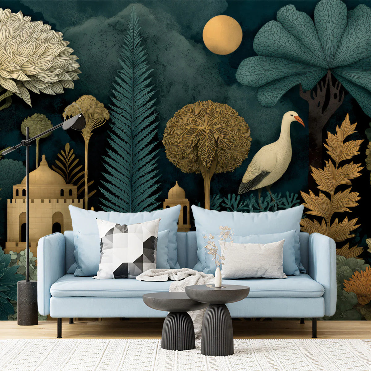 Stork and Ancient Architecture Mural Wallpaper — Nocturnal Garden Mural Wallpaper - room preview 03