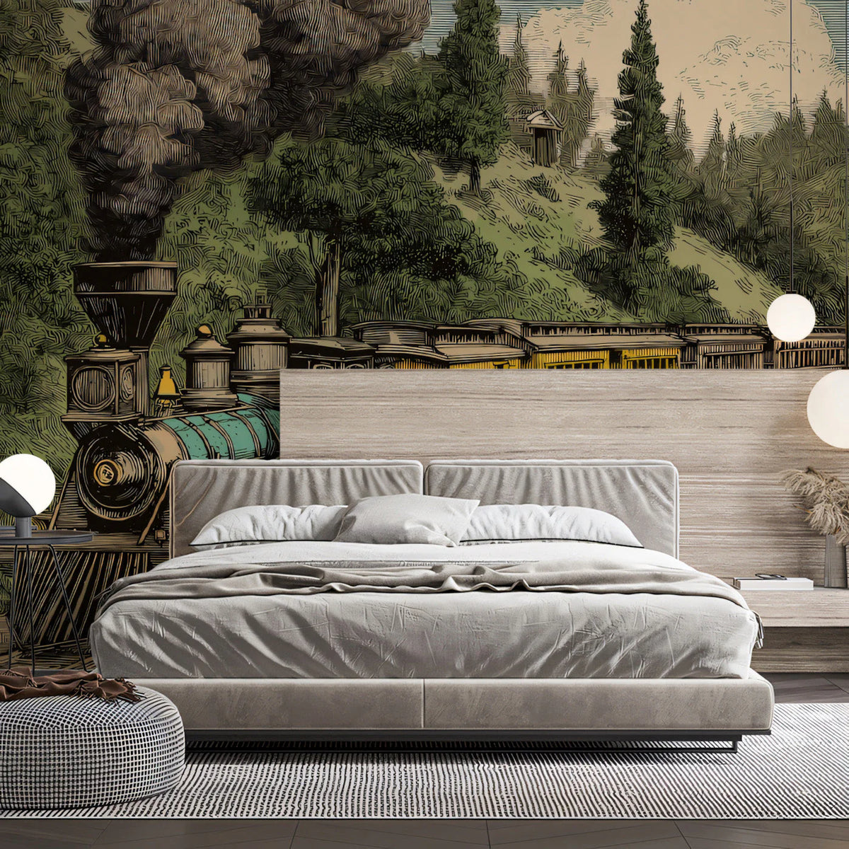 Vintage Steam Train Mountain Landscape Mural Wallpaper - room preview 03