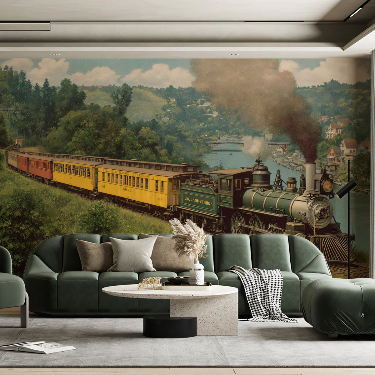 Vintage Steam Locomotive Scenic Mural Wallpaper —Classic Rail Art Mural Wallpaper - room preview 03