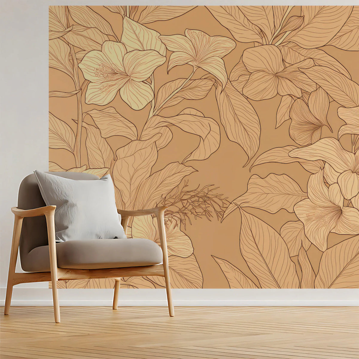 Botanical Sketch Mural Wallpaper in Warm Ochre Mural Wallpaper - room preview 03