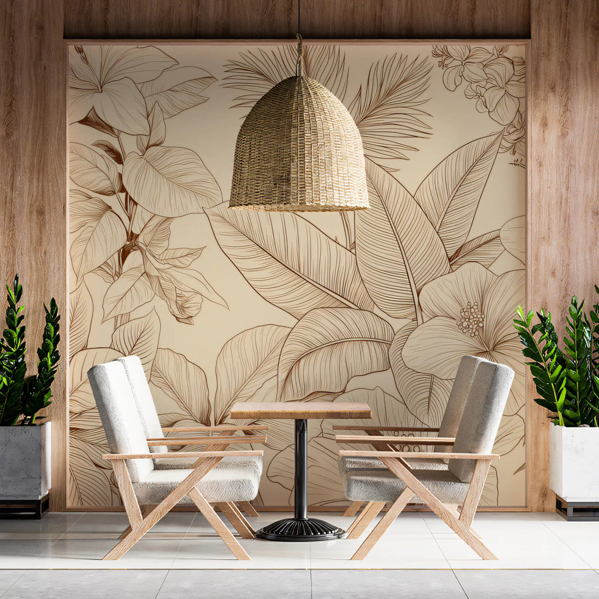 Monochrome Botanical Line Art Mural Wallpaper — Beige & Copper Mural Wallpaper - room preview 03