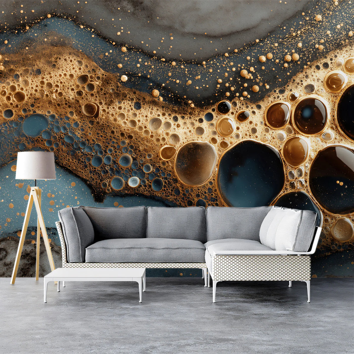 Gilded Liquid Marble Mural Wallpaper — Fluid Abstract Art Mural Wallpaper - room preview 03