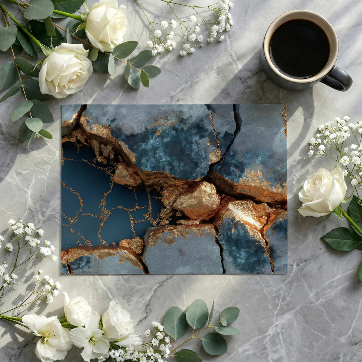 Kintsugi Stone Mural Wallpaper — Abstract Blue and Gold Luxury Mural Wallpaper - room preview 03