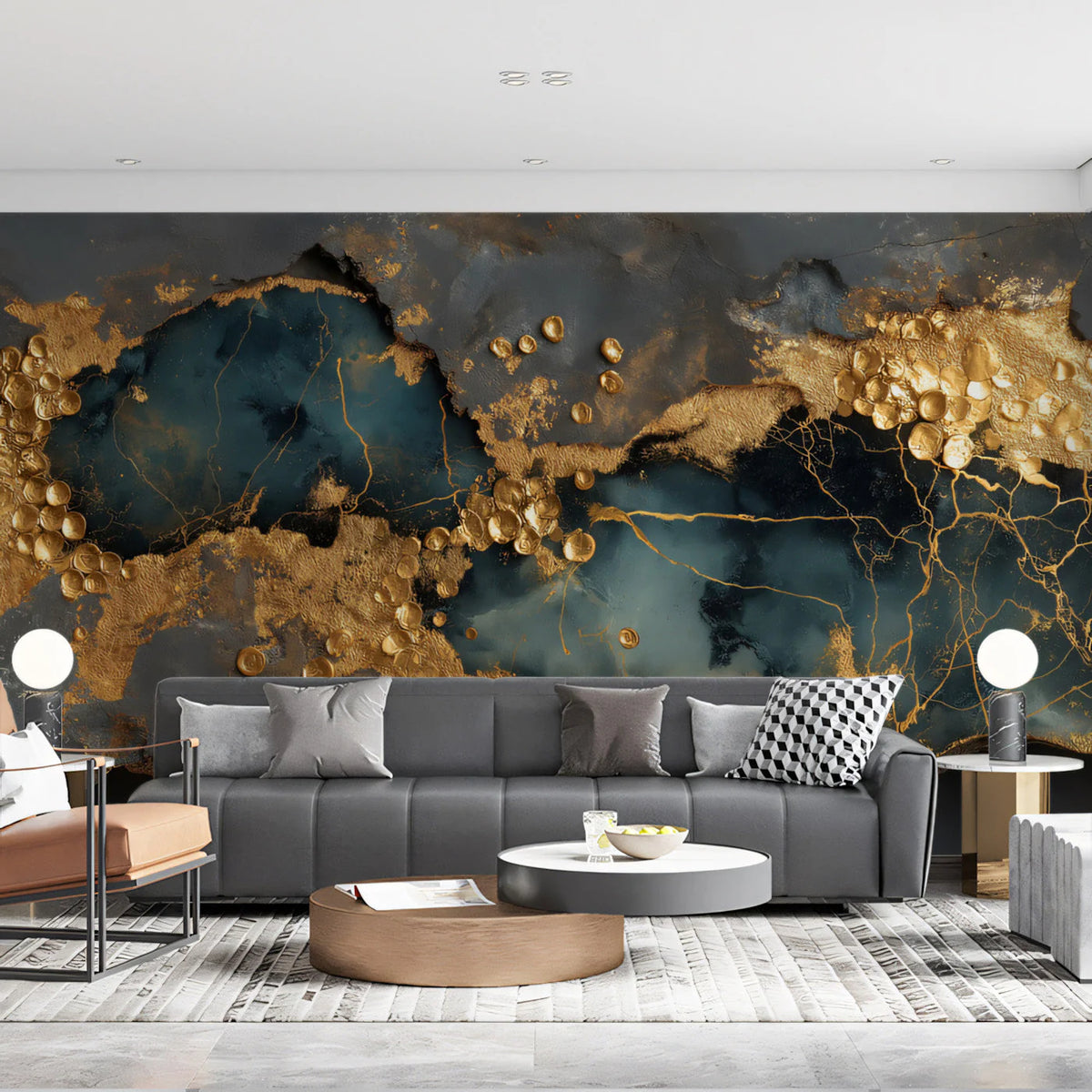Gilded Slate Abstract Mural Wallpaper with Textured Gold Accents Mural Wallpaper - room preview 03