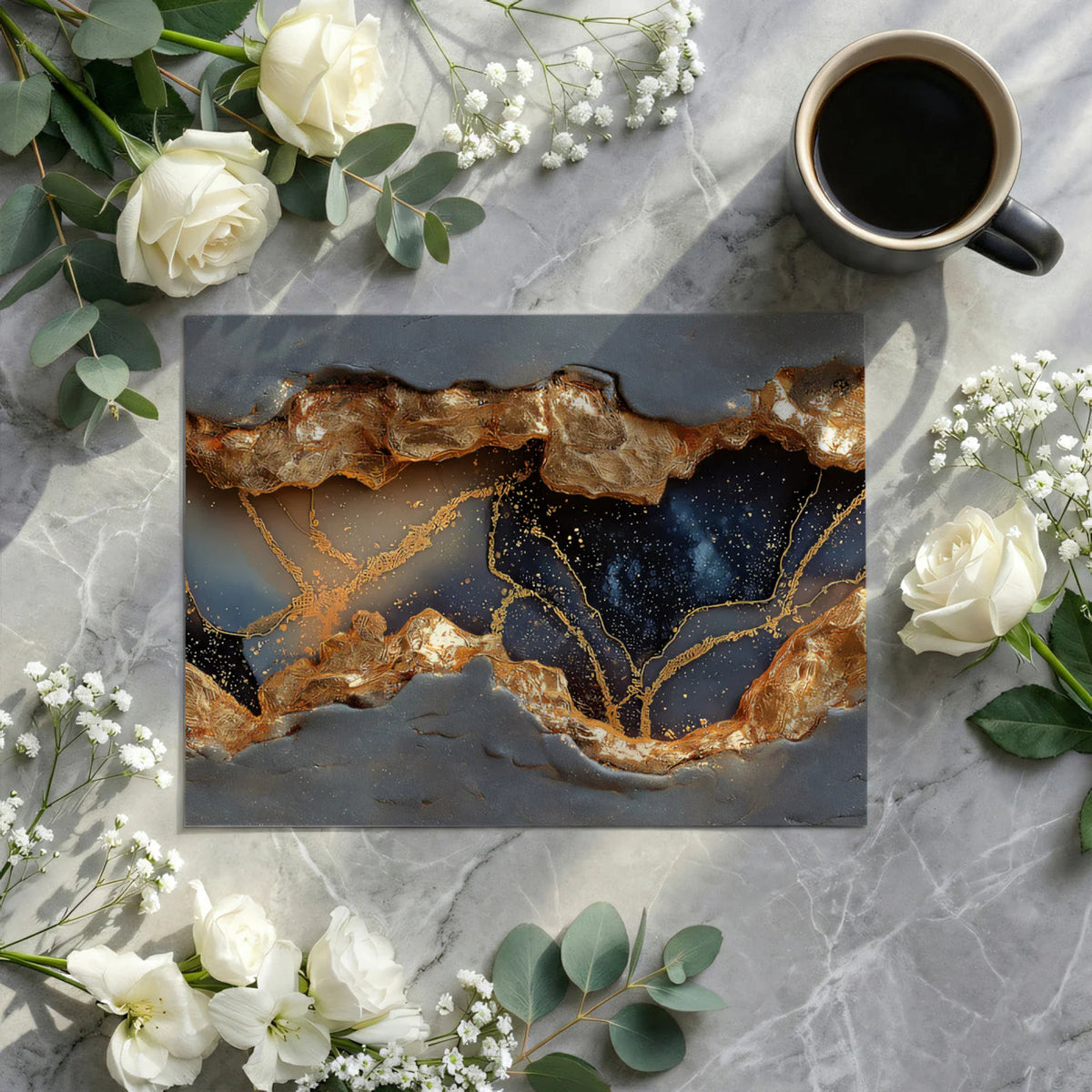 Gilded Geode Fissure Mural Wallpaper in Charcoal and Gold Mural Wallpaper - room preview 03