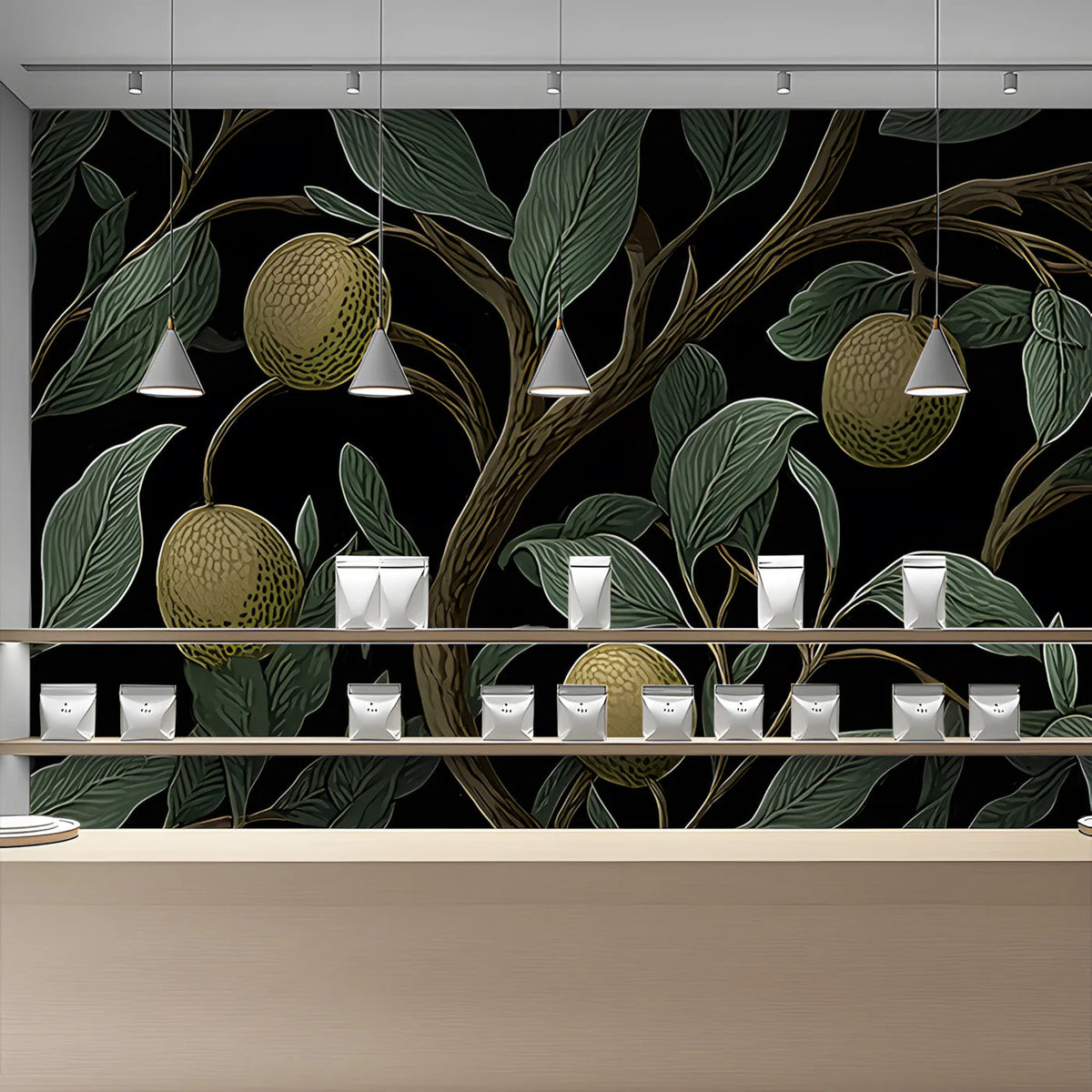 Vintage Citrus Orchard Mural Wallpaper in Sage and Black Mural Wallpaper - room preview 03