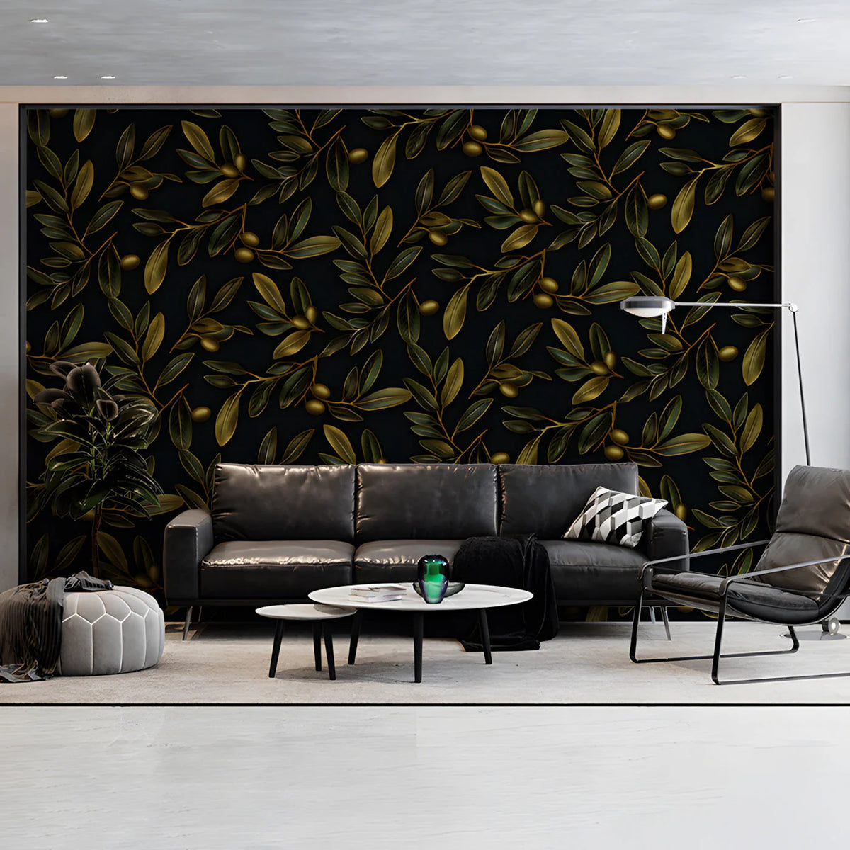 Gilded Olive Branch Mural Wallpaper in Deep Charcoal Mural Wallpaper - room preview 03