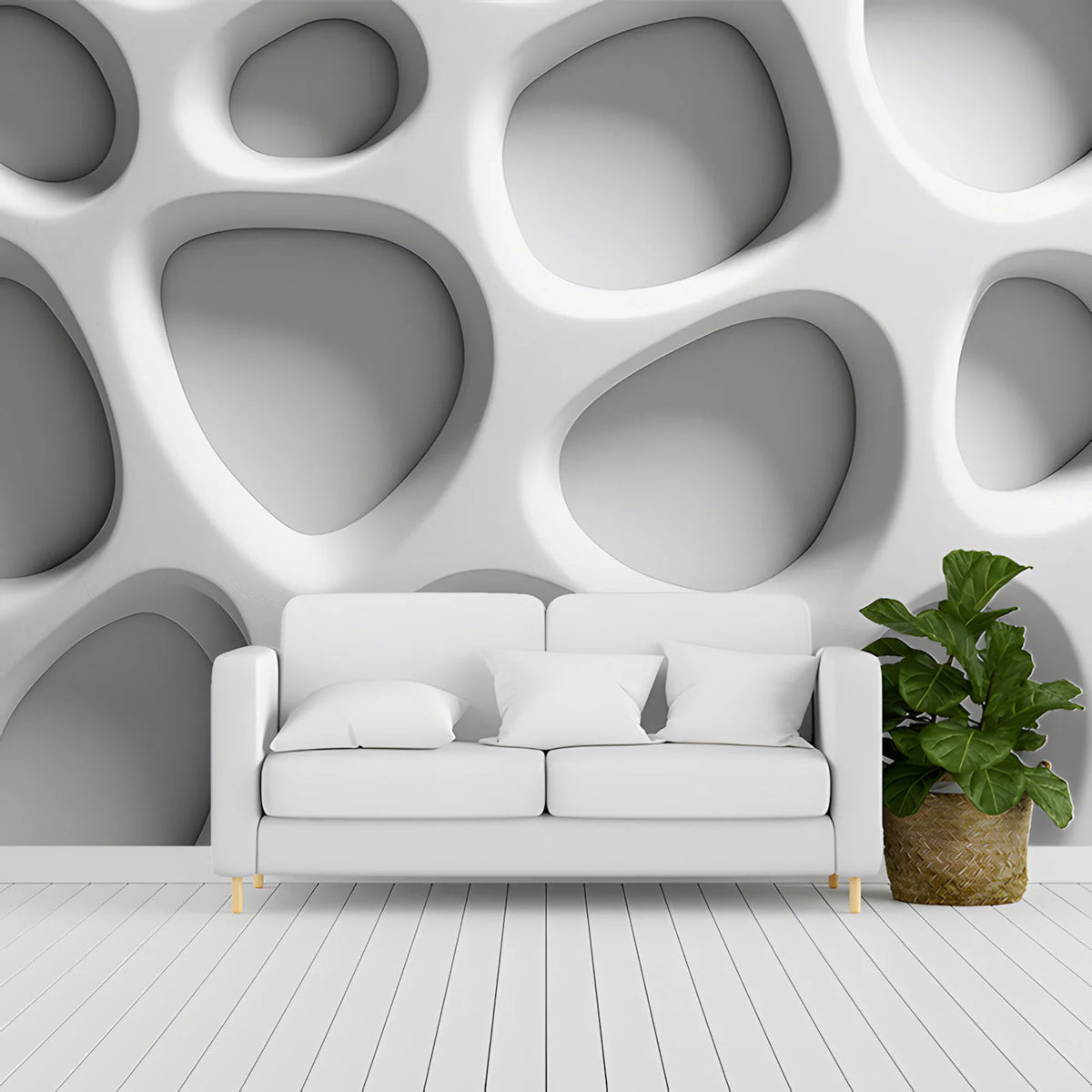 Organic Cellular 3D Mural Wallpaper — Modern White Abstract Design Mural Wallpaper - room preview 03