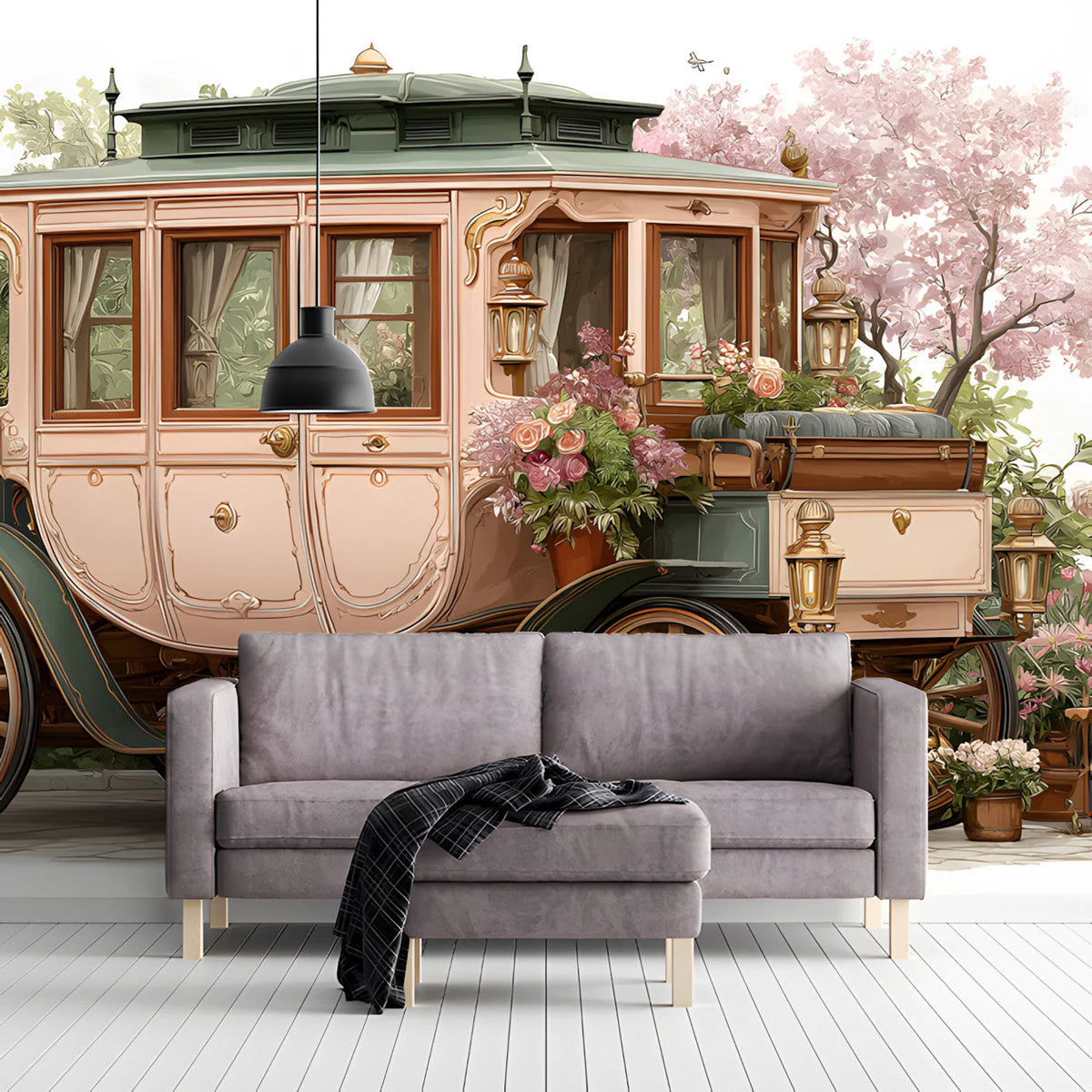 Vintage Carriage Floral Mural Wallpaper — Whimsical Garden Scene Mural Wallpaper - room preview 03