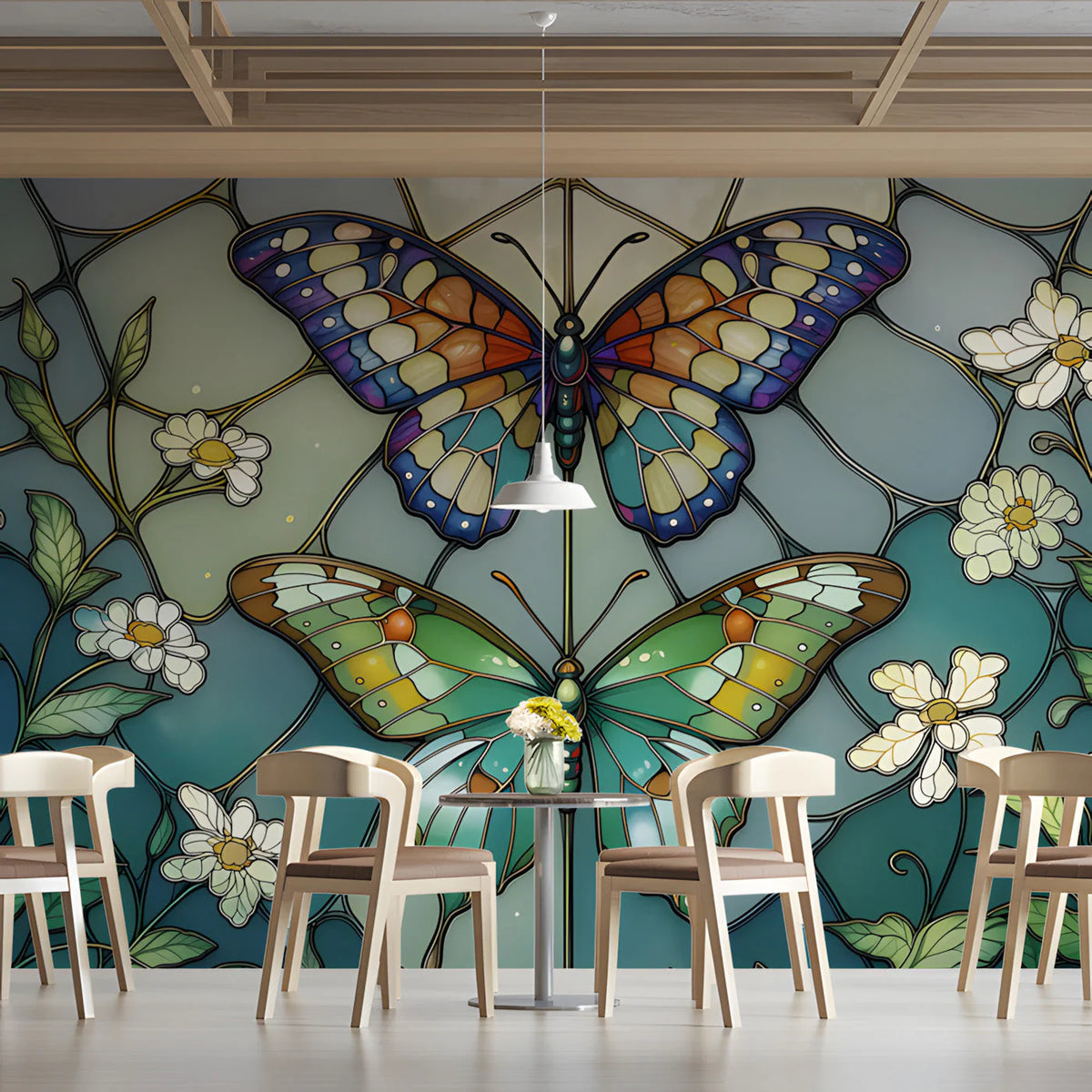 Stained Glass Butterfly Mural Wallpaper — Artistic Floral Decor Mural Wallpaper - room preview 03