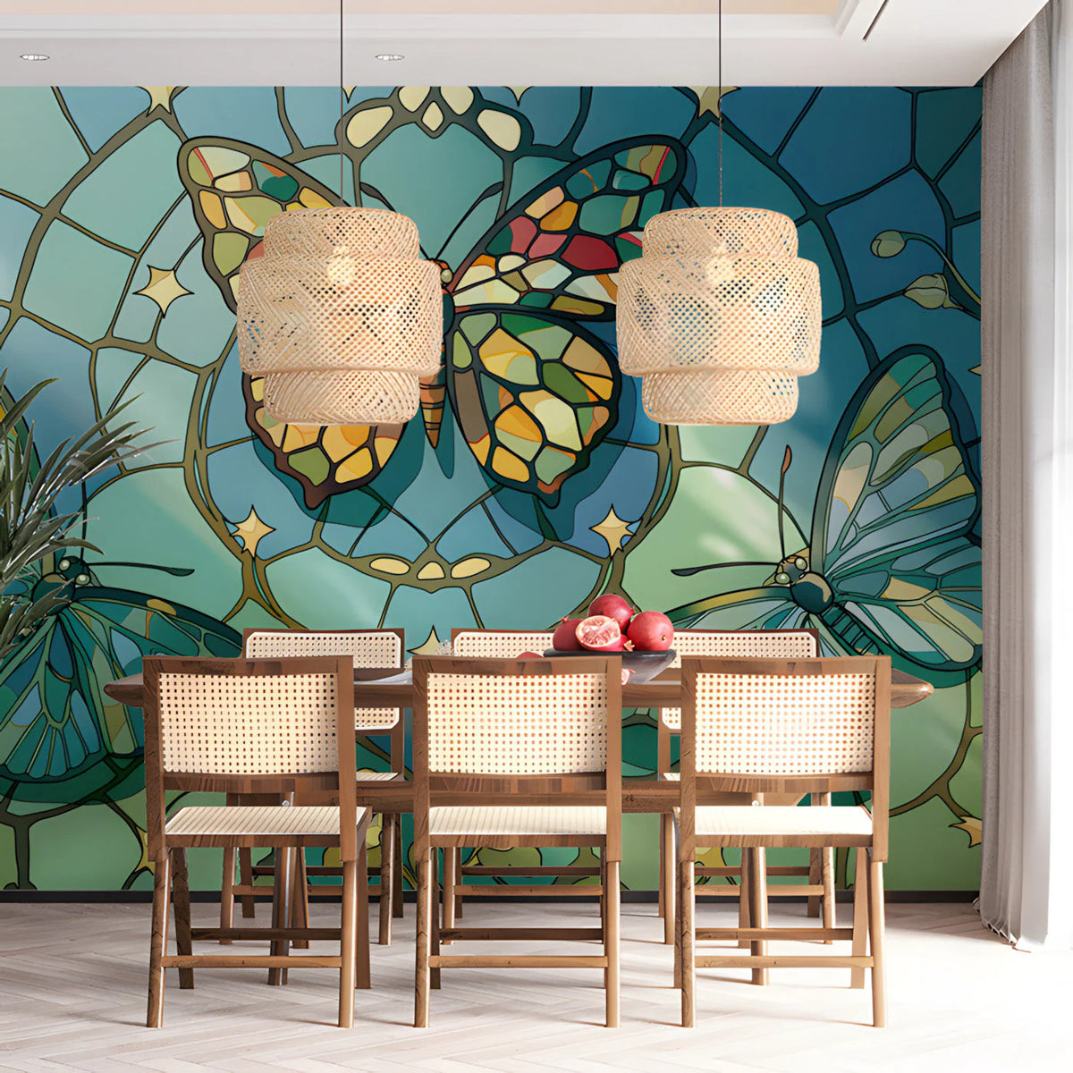 Stained Glass Butterfly Mural Wallpaper — Artistic Floral Decor Mural Wallpaper - room preview 03