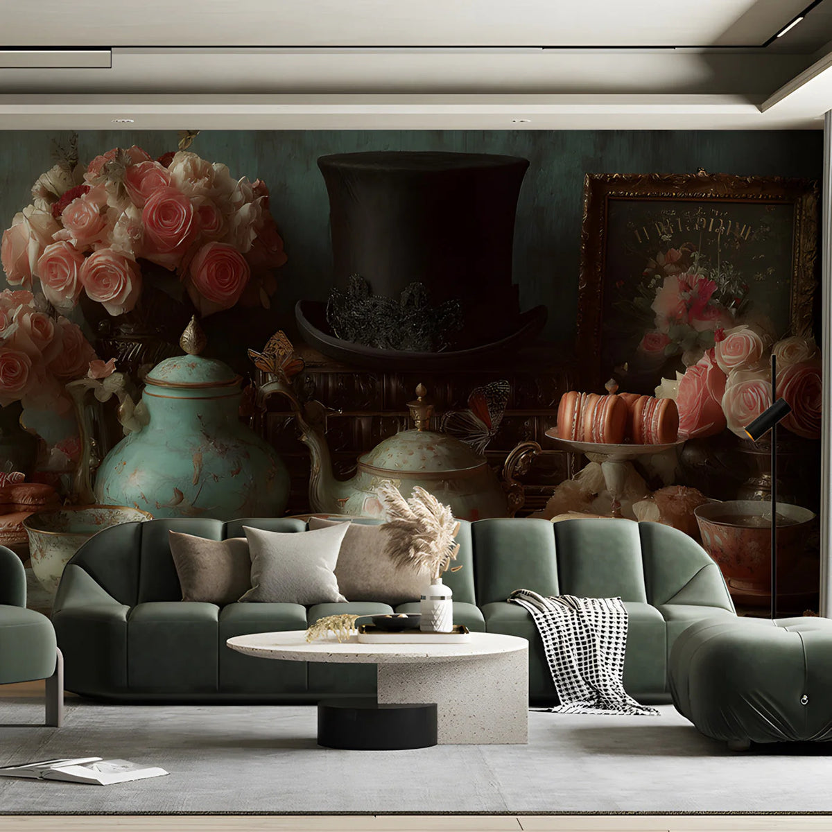 Vintage Victorian Tea Party Mural Wallpaper —Whimsical Still Life Mural Wallpaper - room preview 03