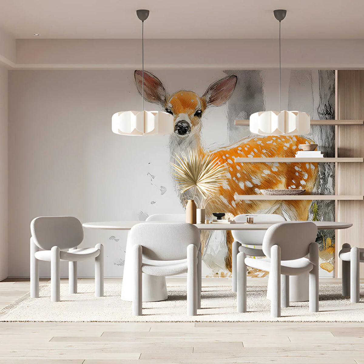 Fawn in the Woodland Mural Wallpaper — Artistic Deer Illustration Mural Wallpaper - room preview 03
