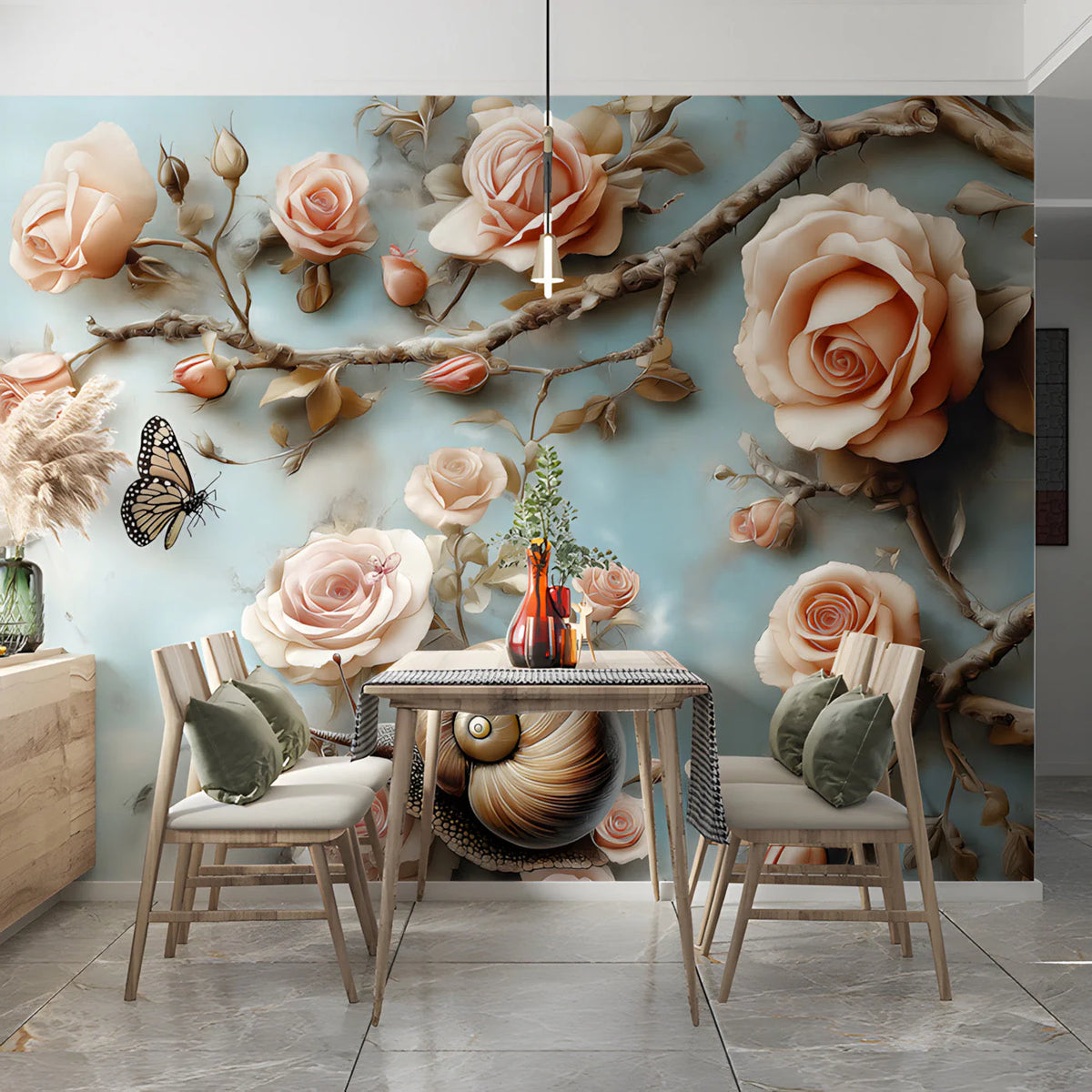 Rose Garden Snail and Butterfly Mural Wallpaper — Whimsical Decor Mural Wallpaper - room preview 03