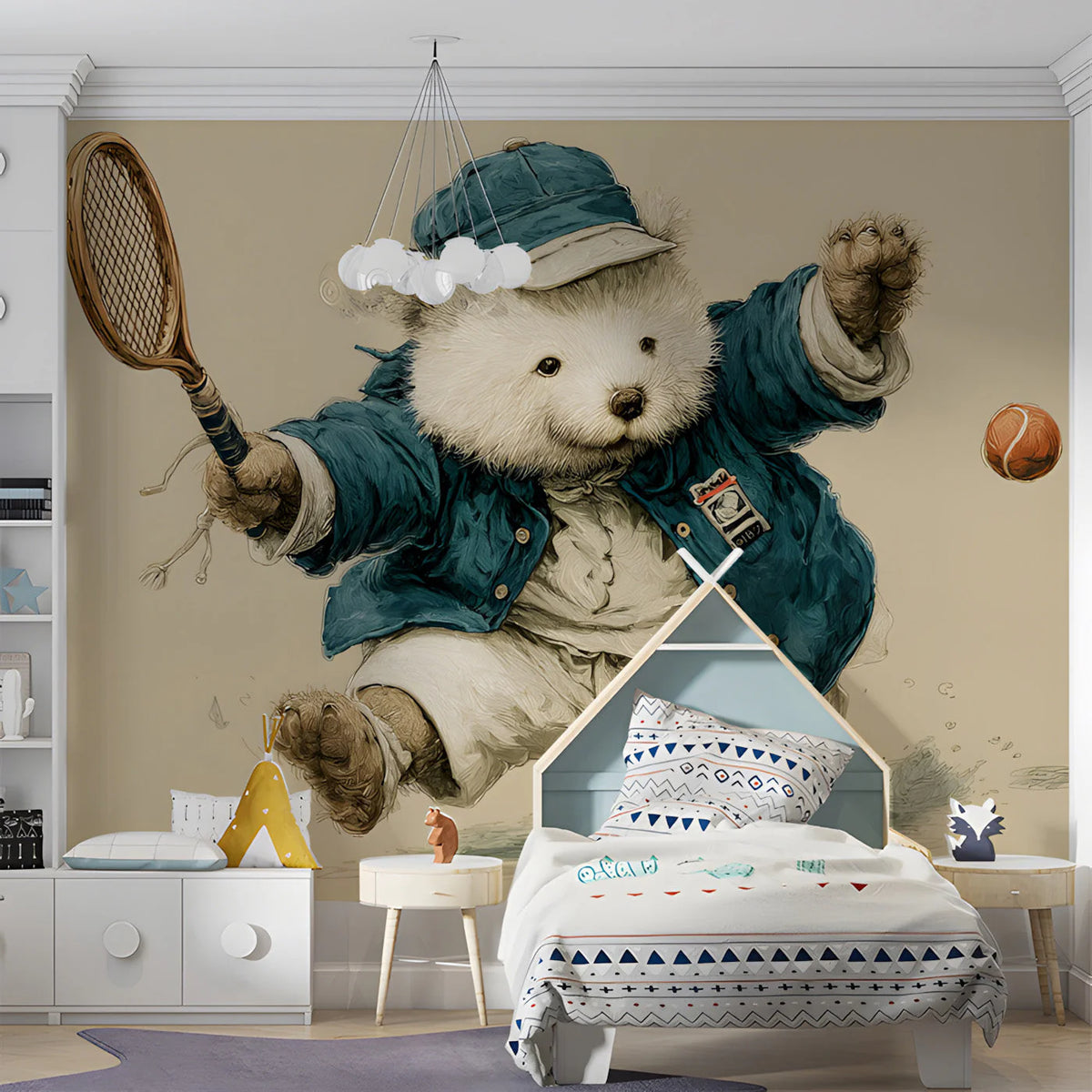 Vintage Tennis Bear Mural Wallpaper in Ink Sketch Style Mural Wallpaper - room preview 03