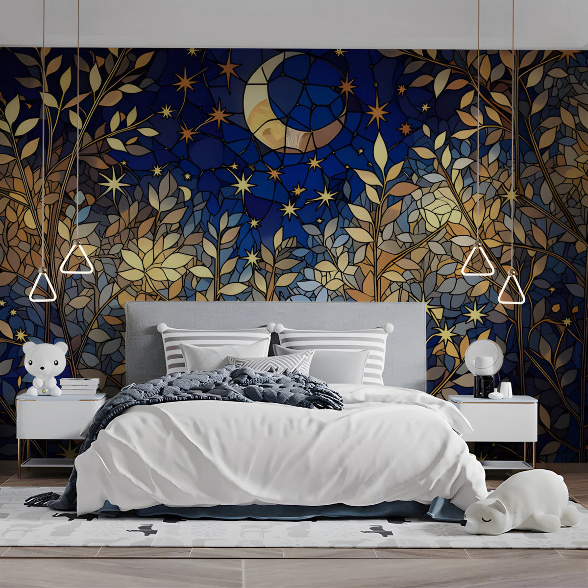 Stained Glass Night Forest Mural Wallpaper with Golden Moon Mural Wallpaper - room preview 03