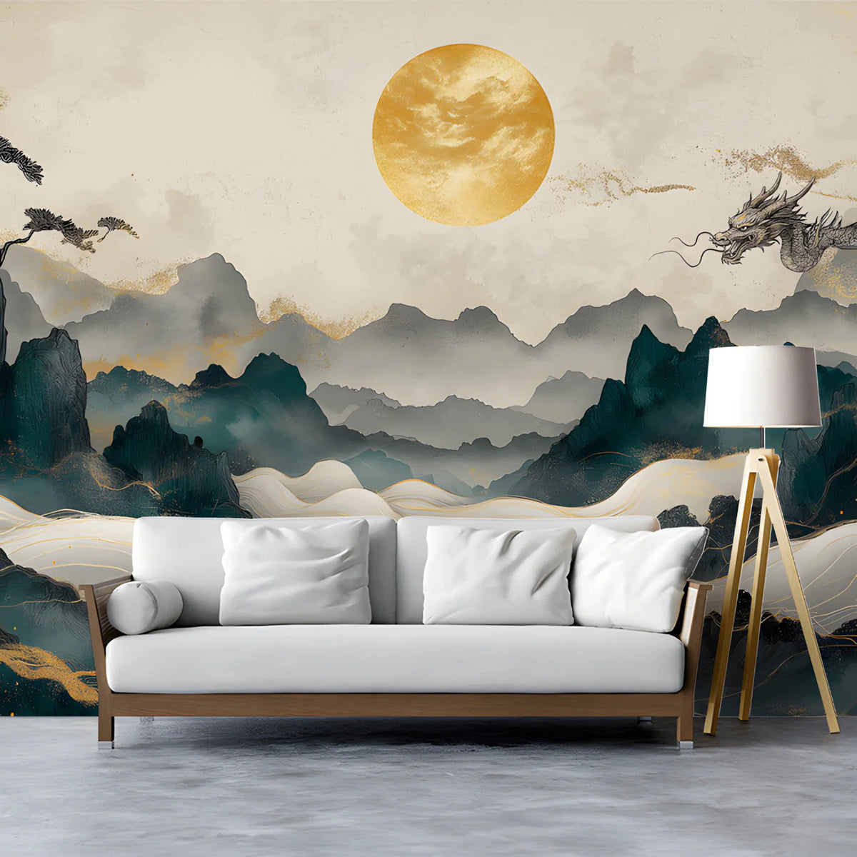 Golden Dragon Peaks Mural Wallpaper — Oriental Artistic Style Mural Wallpaper - room preview 03