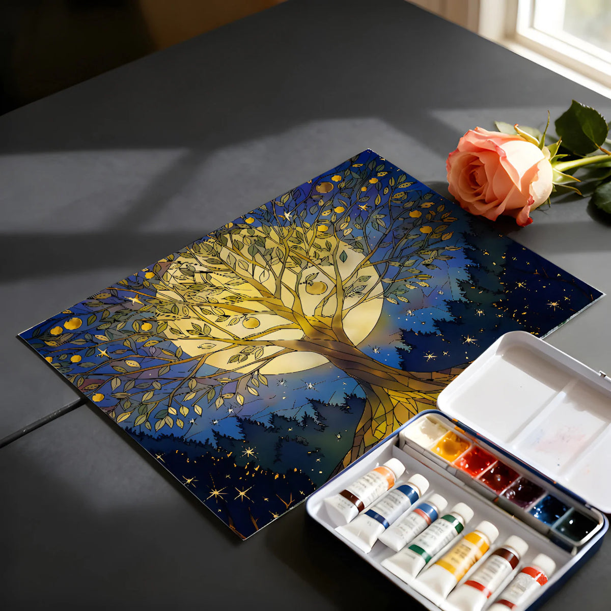 Stained Glass Moonlit Tree Mural Wallpaper — Celestial Art Mural Wallpaper - room preview 03
