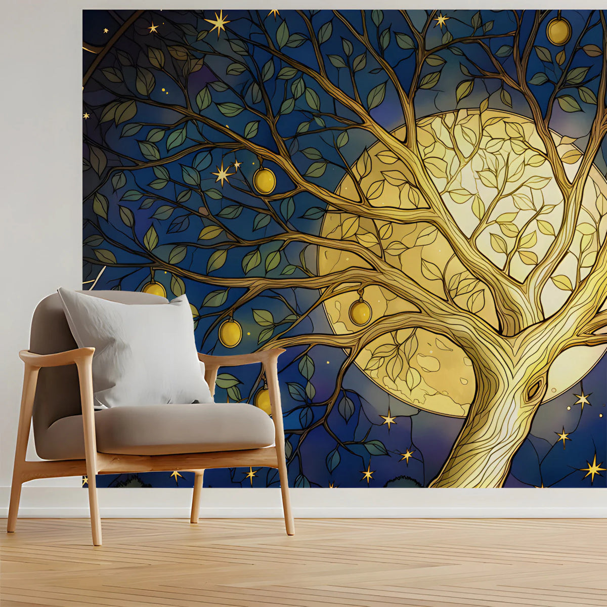 Celestial Fruit Tree Mural Wallpaper in Midnight Blue and Gold Mural Wallpaper - room preview 03