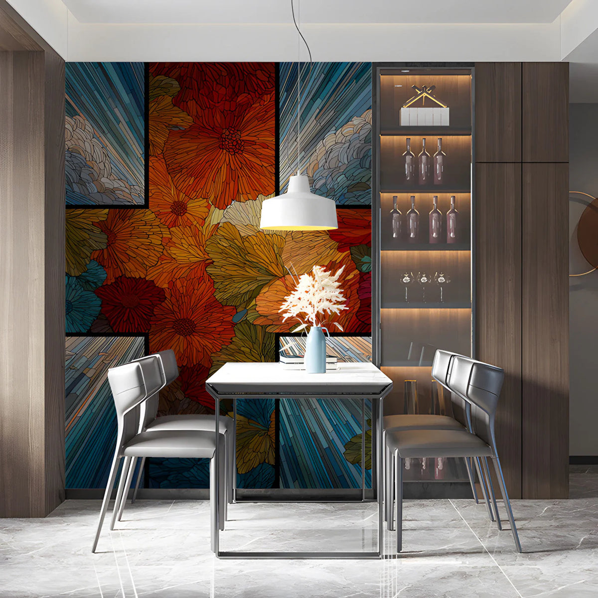 Stained Glass Floral Mural Wallpaper — Artistic Botanical Design Mural Wallpaper - room preview 03