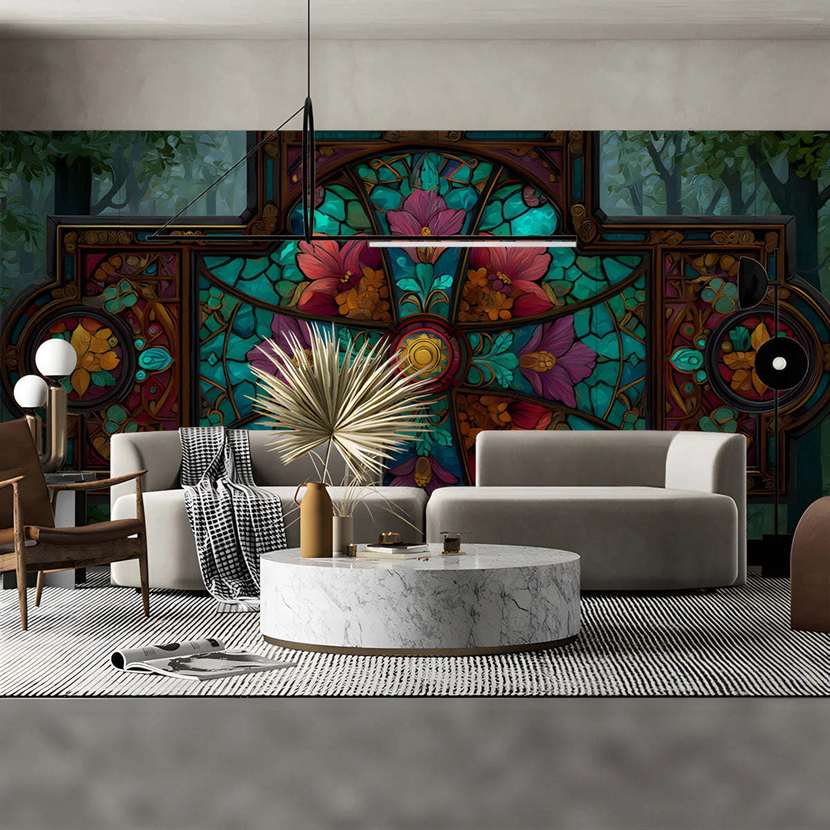 Stained Glass Cathedral Mural Wallpaper with Floral Motifs Mural Wallpaper - room preview 03