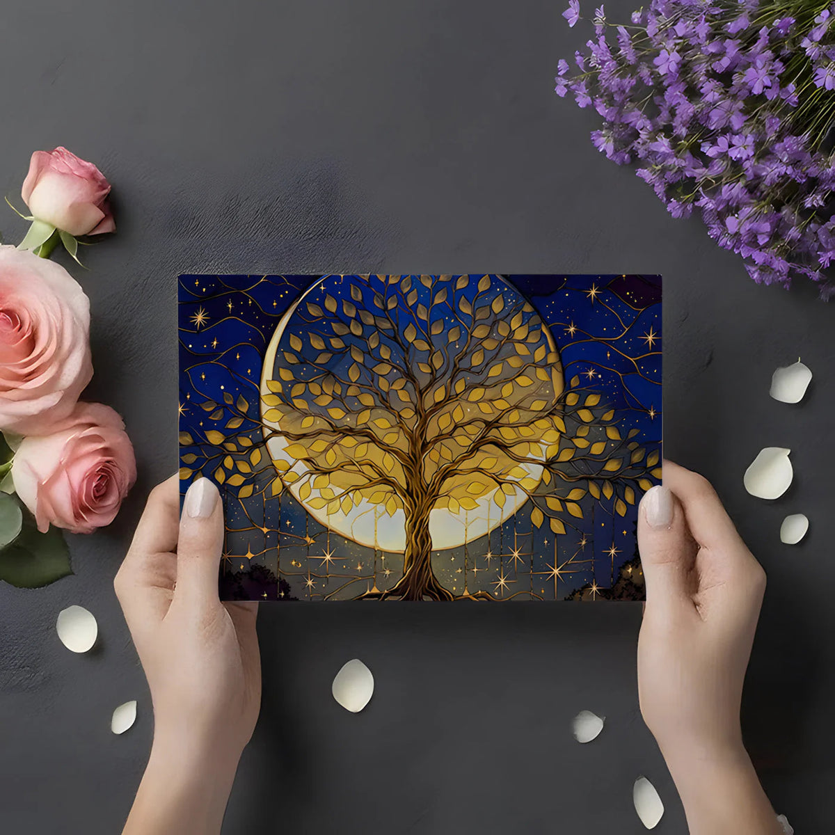 Celestial Gold Tree Mural Wallpaper with Midnight Blue Backdrop Mural Wallpaper - room preview 03