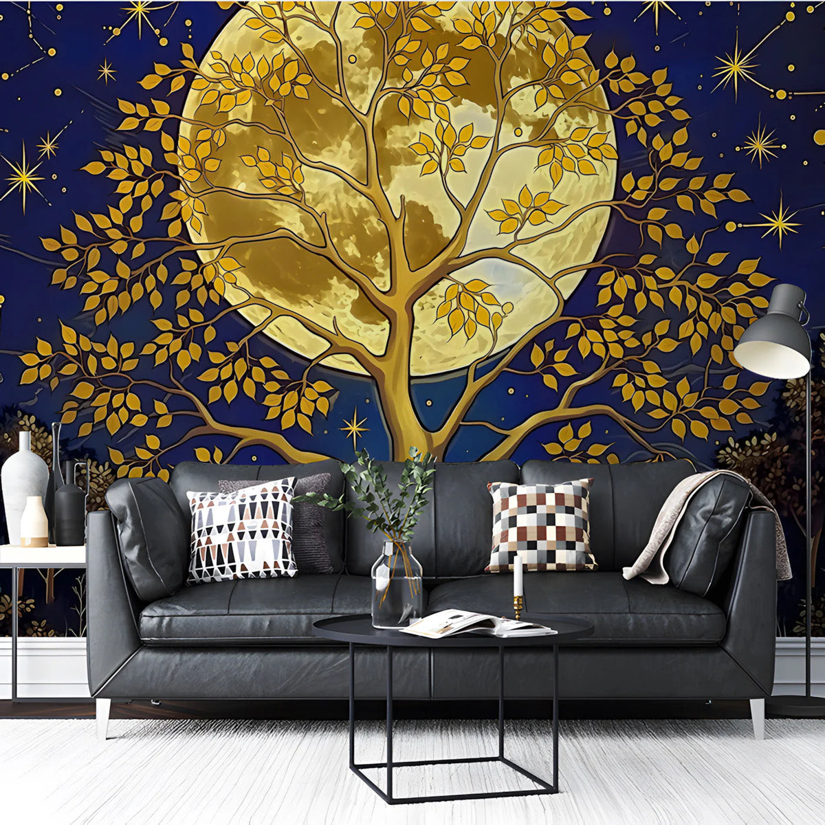 Celestial Moonlit Tree Mural Wallpaper — Gold and Navy Design Mural Wallpaper - room preview 03
