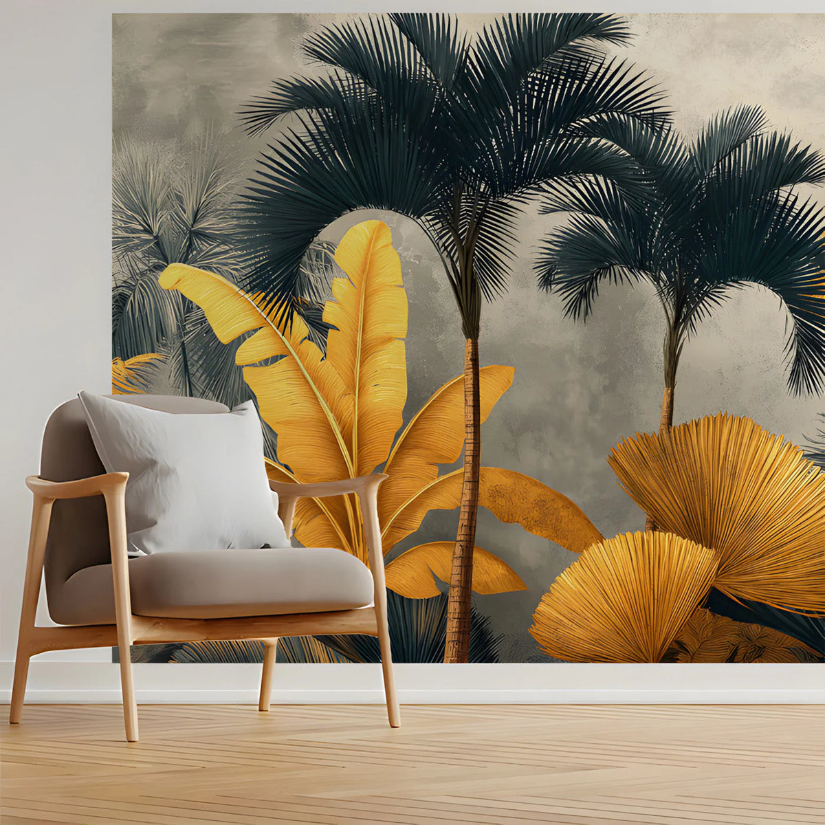 Gilded Palm Oasis Mural Wallpaper — Sophisticated Tropical Art Mural Wallpaper - room preview 03