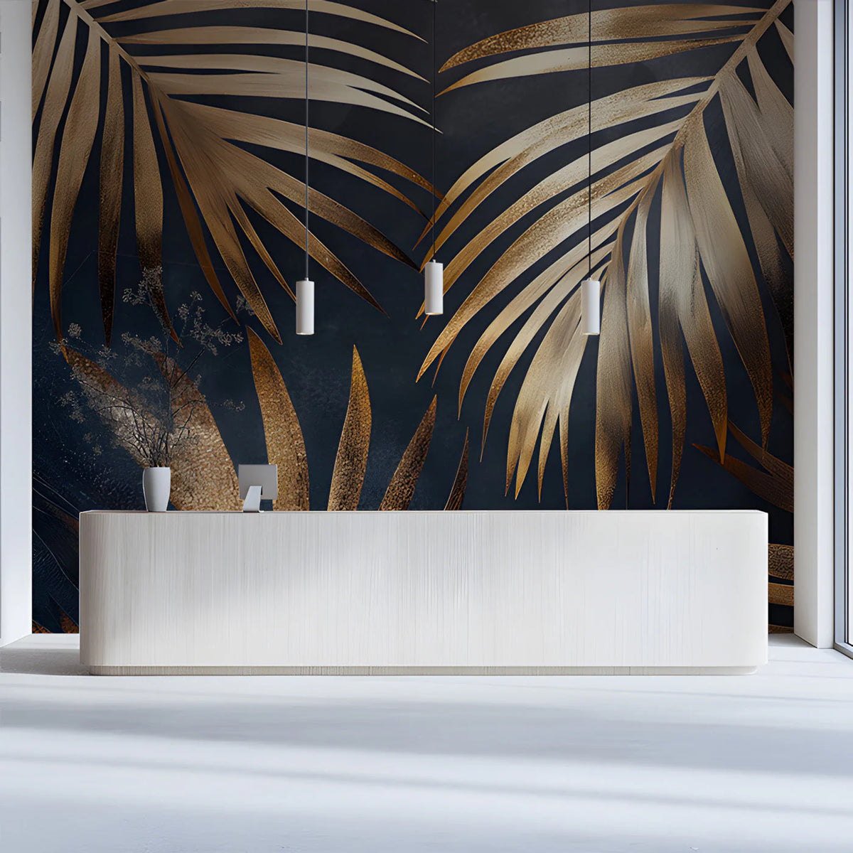 Gilded Palm Leaf Mural Wallpaper — Moody Tropical Luxury Mural Wallpaper - room preview 03