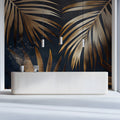 Gilded Palm Leaf Mural Wallpaper — Moody Tropical Luxury Mural Wallpaper - room preview 03