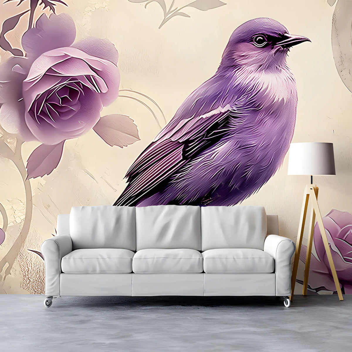 Purple Rose and Songbird Mural Wallpaper — Whimsical Floral Mural Wallpaper - room preview 03