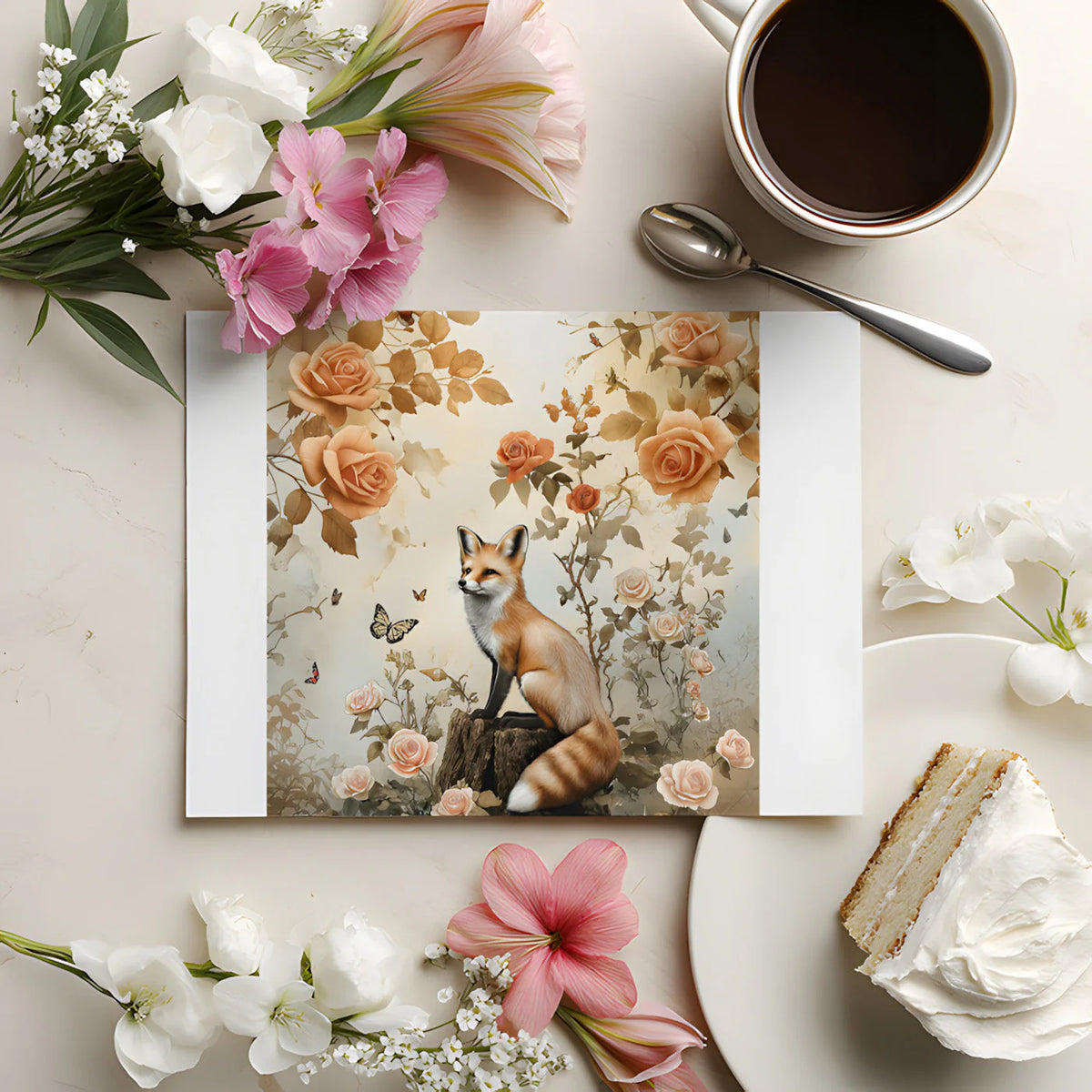 Fox and Wild Rose Garden Mural Wallpaper in Soft Amber Mural Wallpaper - room preview 03