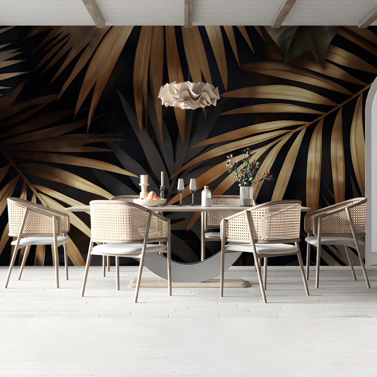 Gilded Palm Leaf Mural Wallpaper — Moody Botanical Wall Art Mural Wallpaper - room preview 03