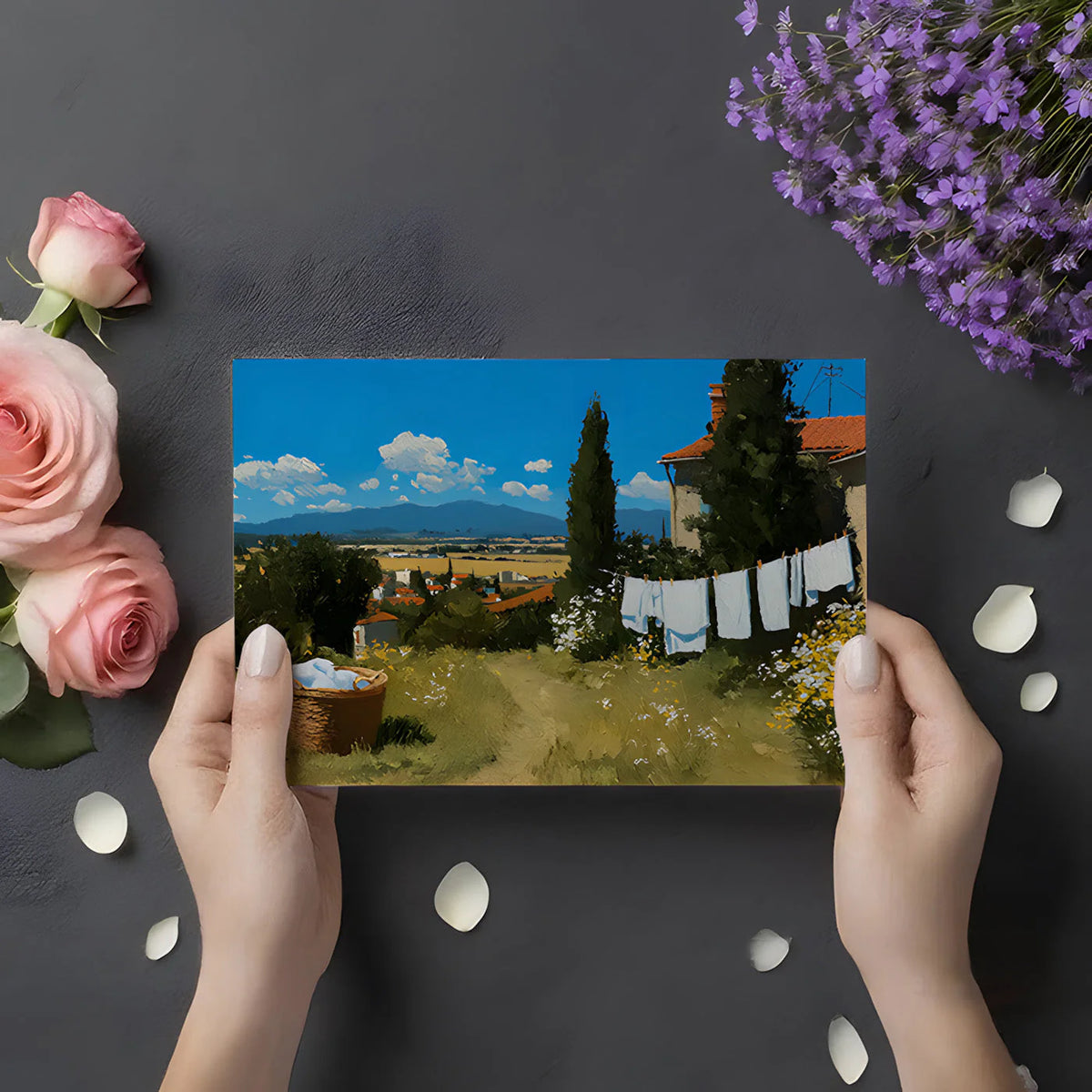 Mediterranean Countryside Oil Painting Mural Wallpaper - room preview 03