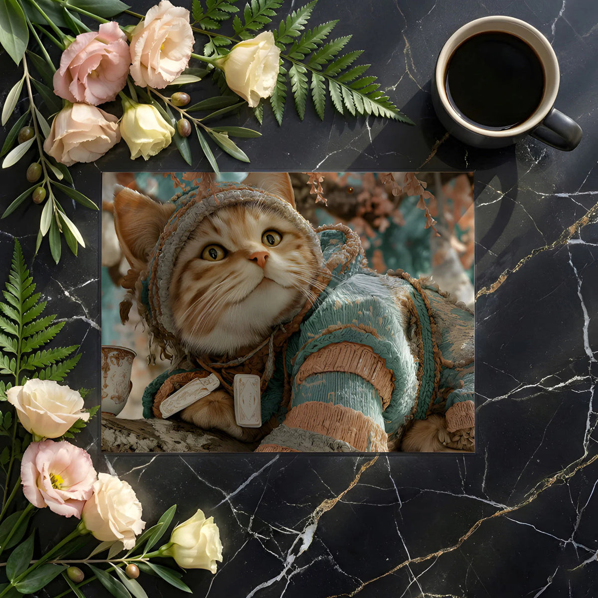 Cozy Knitted Kitten Mural Wallpaper in Soft Teal and Ginger Mural Wallpaper - room preview 03