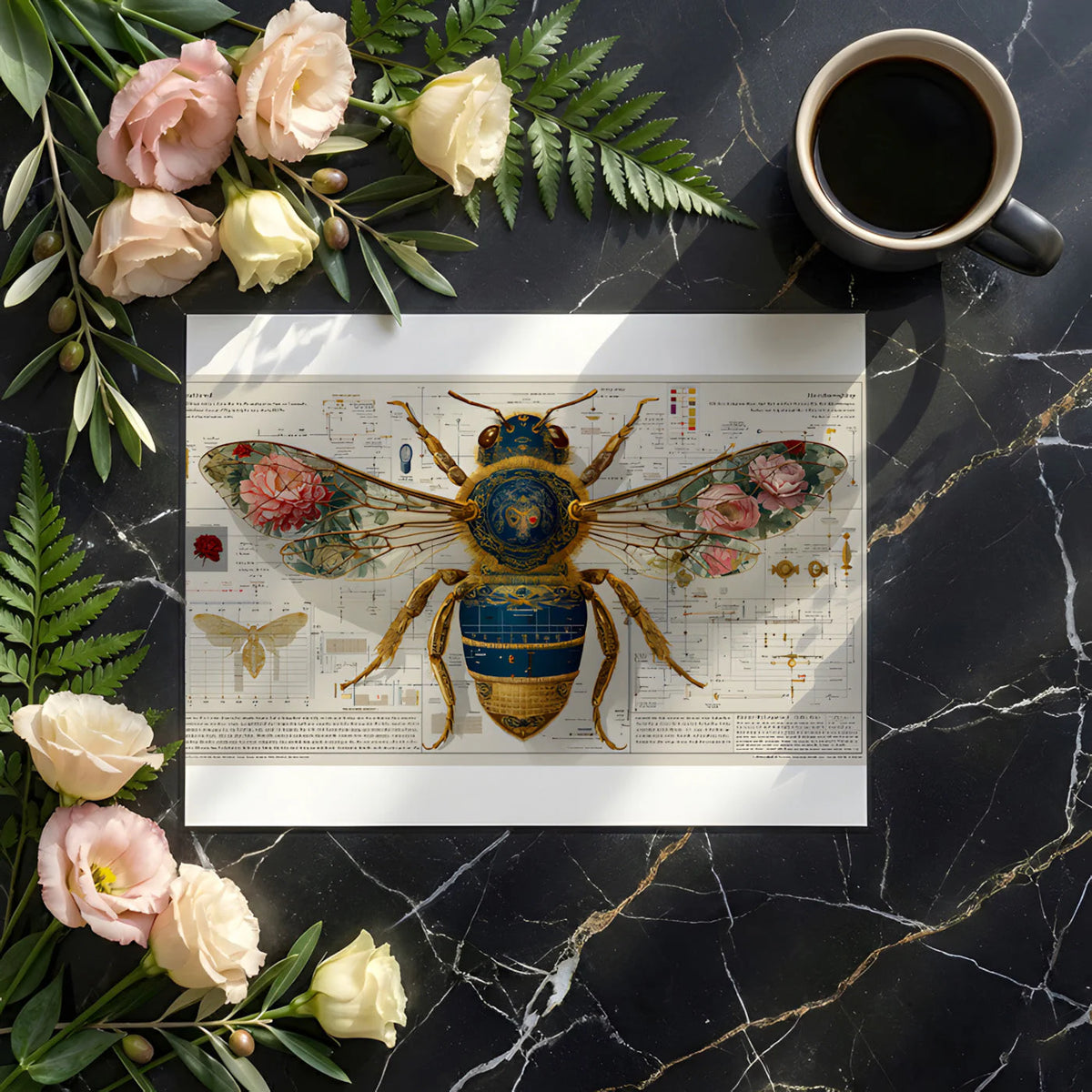Botanical Bee Blueprint Mural Wallpaper — Vintage Scientific Study Mural Wallpaper - room preview 03