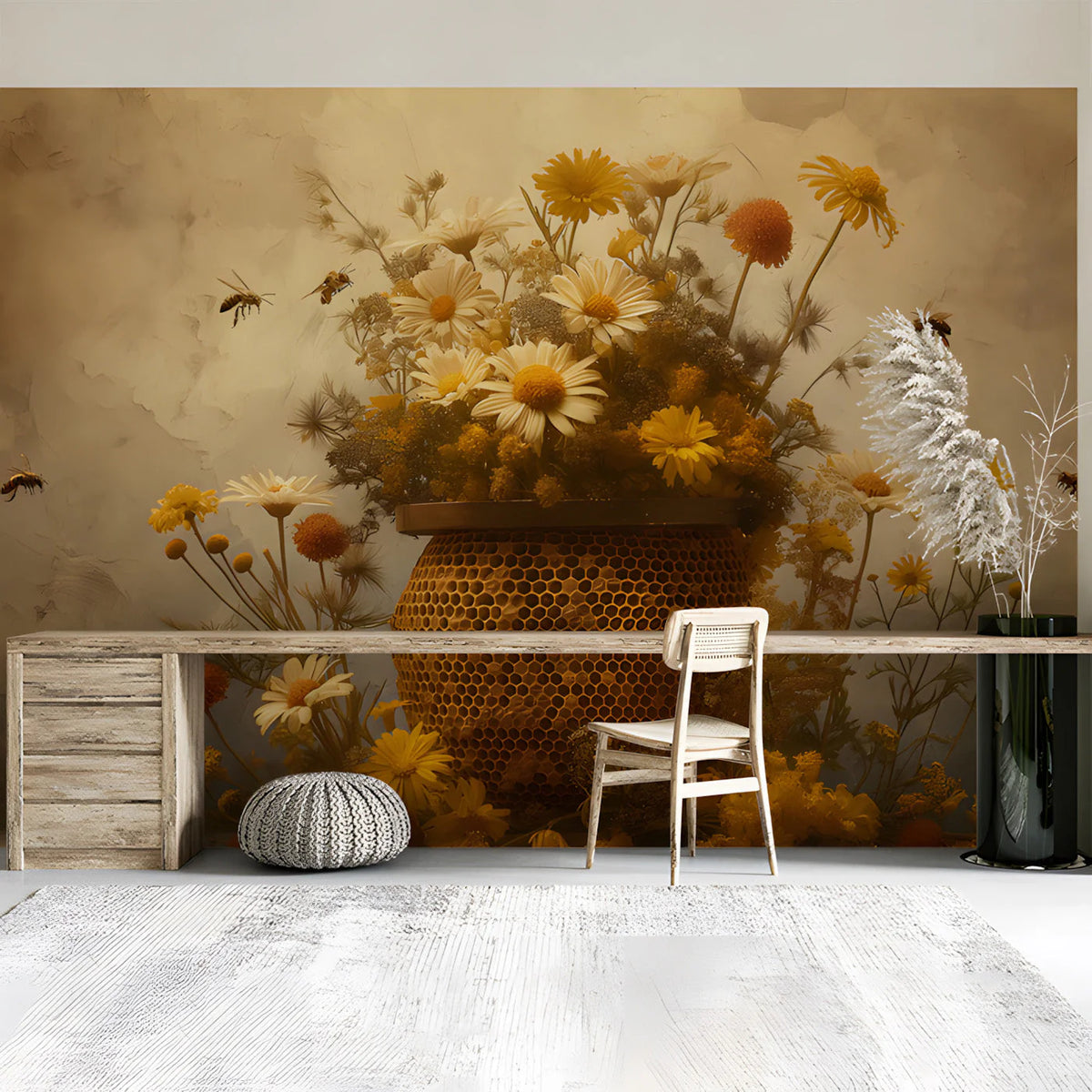 Honeybee Floral Mural Wallpaper with Ochre and Sepia Tones Mural Wallpaper - room preview 03