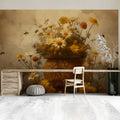 Honeybee Floral Mural Wallpaper with Ochre and Sepia Tones Mural Wallpaper - room preview 03