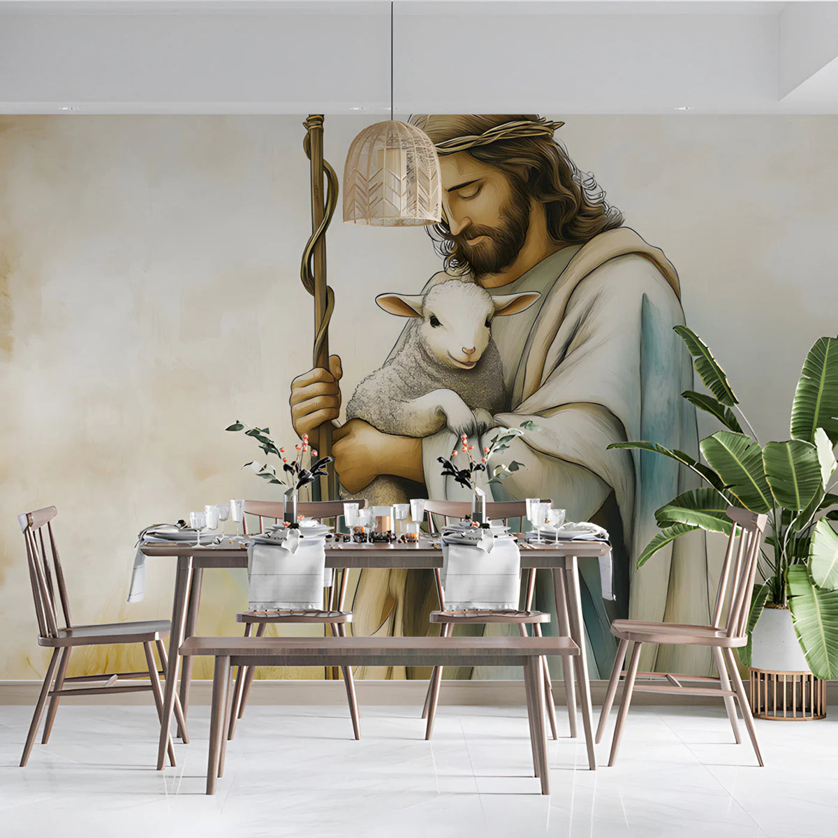 The Good Shepherd Mural Wallpaper — Artistic Religious Wall Decor Mural Wallpaper - room preview 03