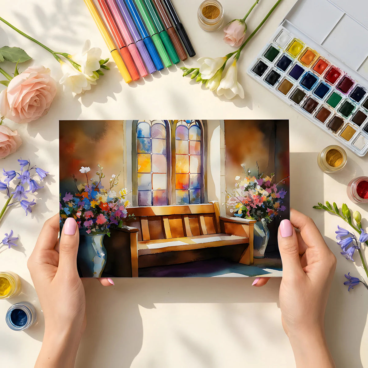Stained Glass Floral Watercolor Mural Wallpaper - room preview 03