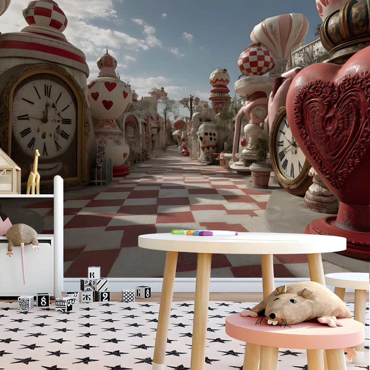 Wonderland Chess Board Mural Wallpaper — Whimsical Fantasy Design Mural Wallpaper - room preview 03