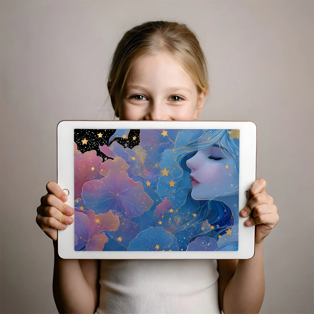 Celestial Dreamer Mural Wallpaper in Ethereal Blue and Gold Mural Wallpaper - room preview 03