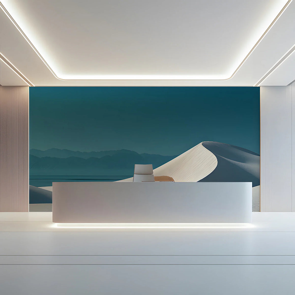 Minimalist Sand Dune Horizon Mural Wallpaper — Teal and White Mural Wallpaper - room preview 03