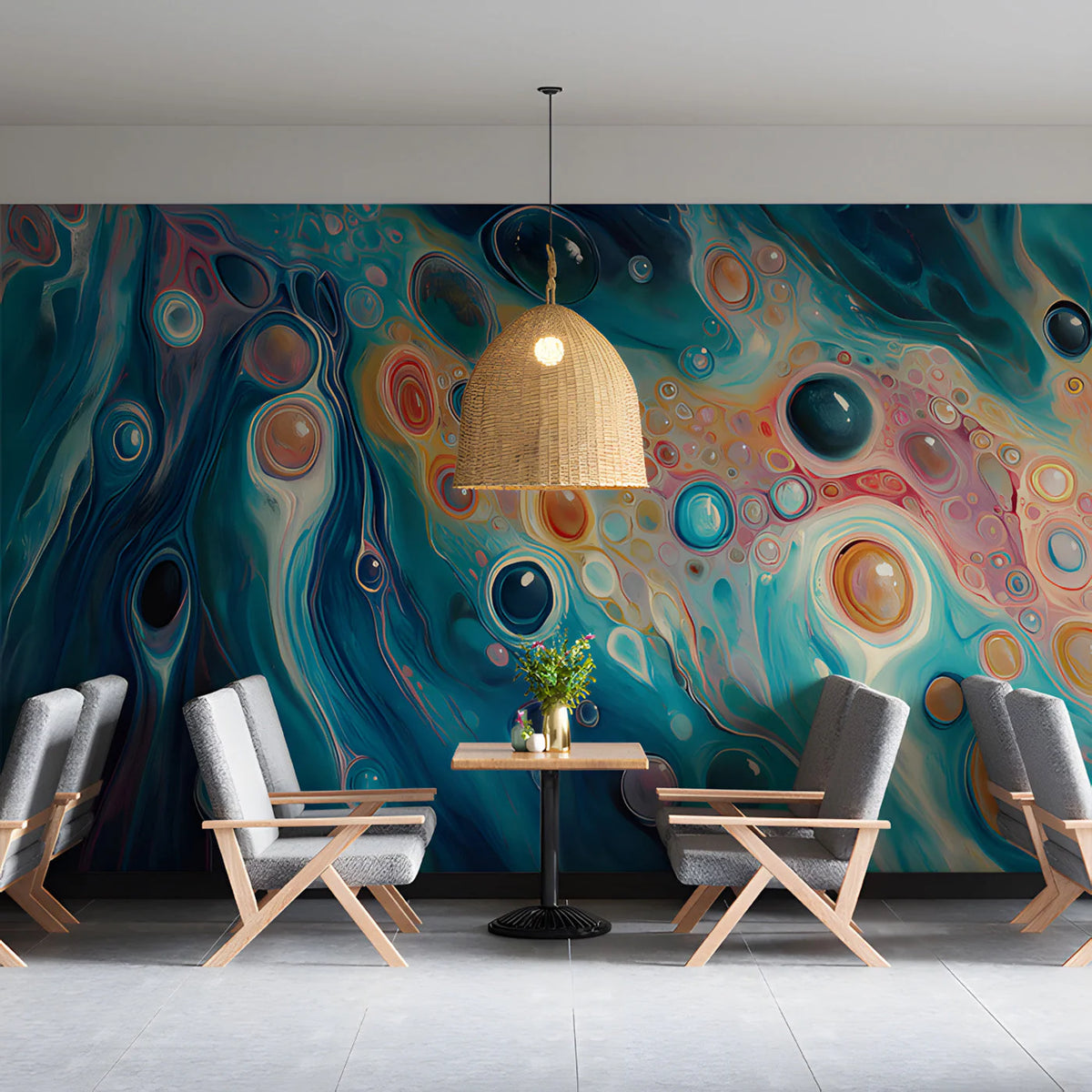 Fluid Motion Mural Wallpaper in Sapphire and Amber Abstract Mural Wallpaper - room preview 03